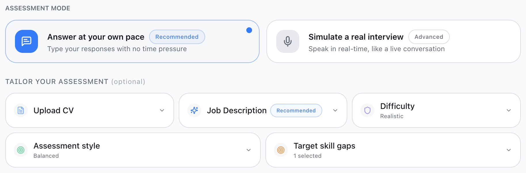 Actual MockReps assessment controls with text or voice modes, optional CV and job description, difficulty and target skills.
