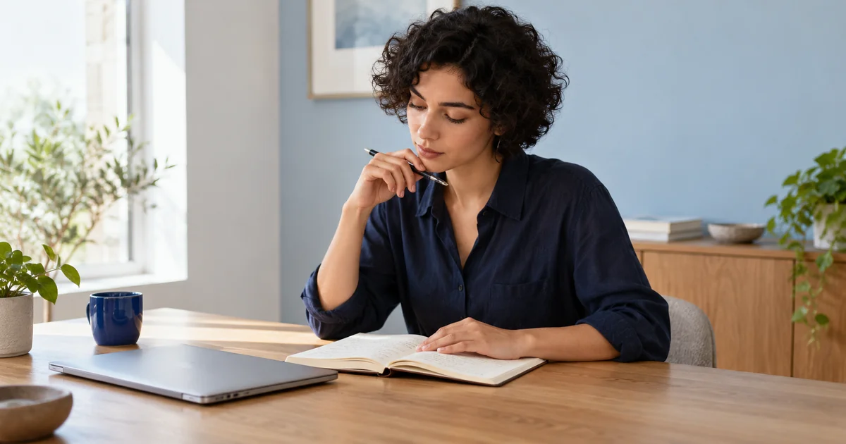 A professional reflecting on interview practice notes at a desk.
