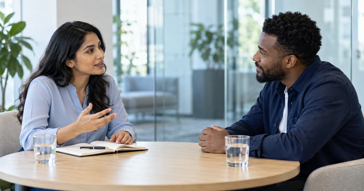 A candidate asking an interviewer a question across a meeting table.