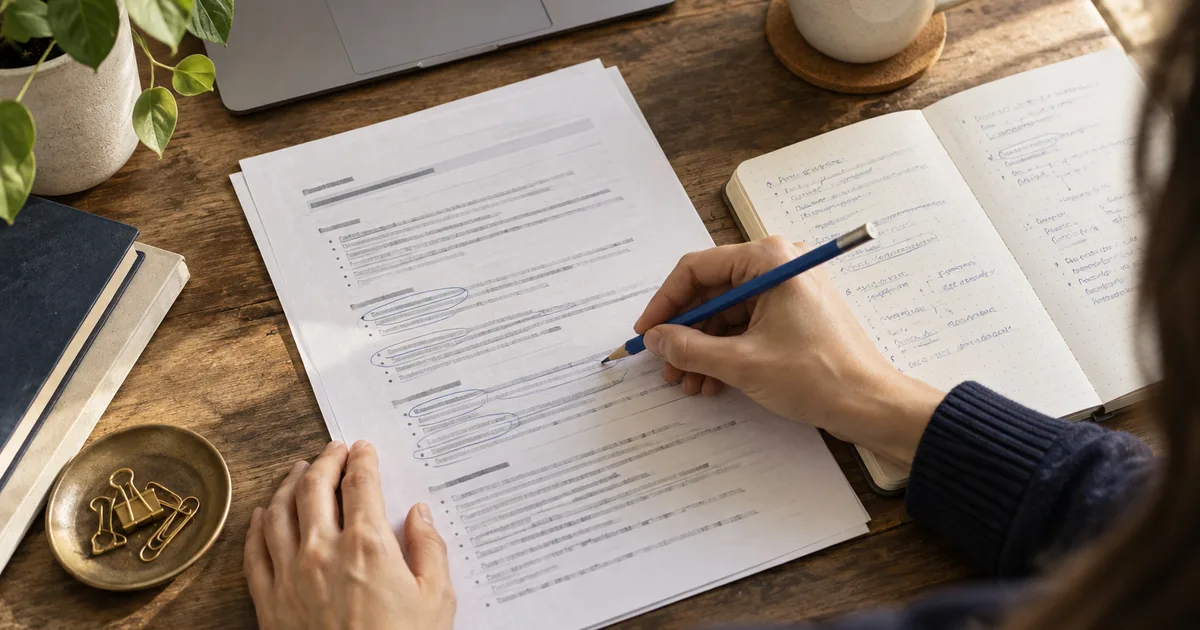Hands comparing a printed job description with notes beside a laptop.