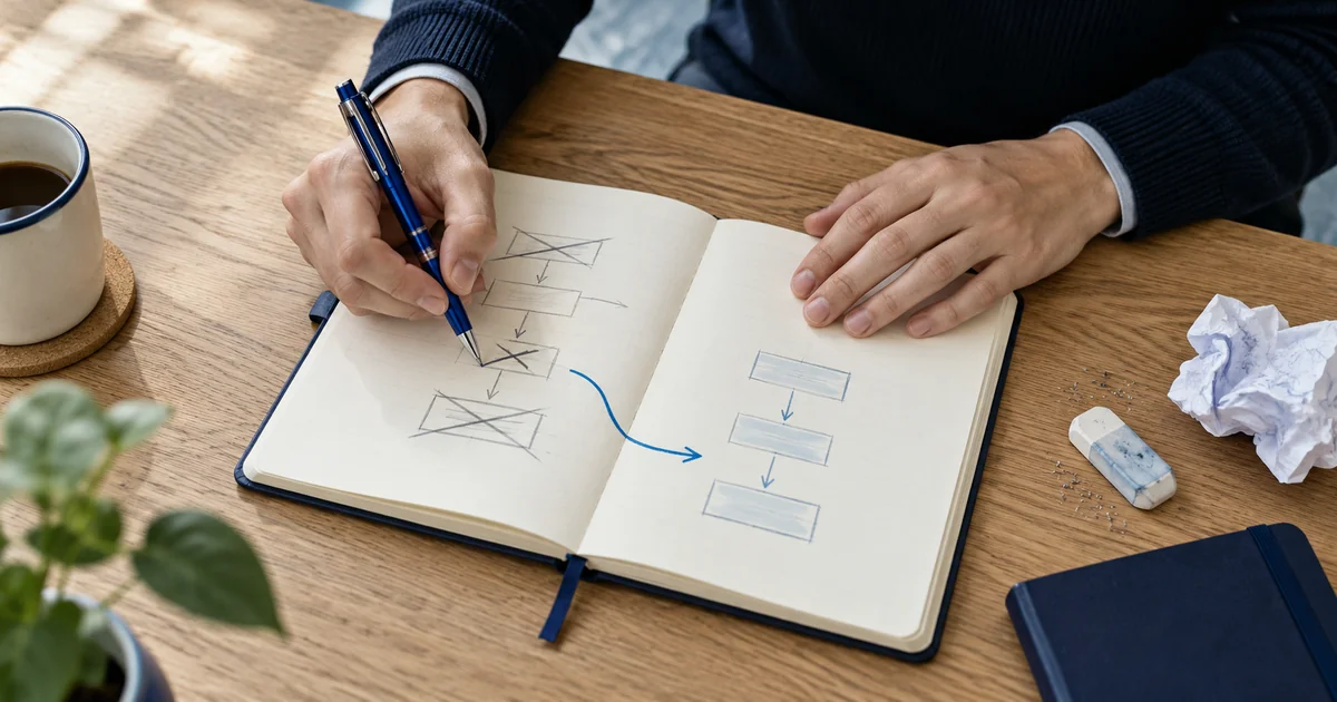 Hands revising a project plan in a notebook beside a discarded draft.