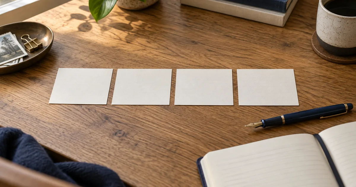 Four blank index cards and a pen laid out on a wooden desk.