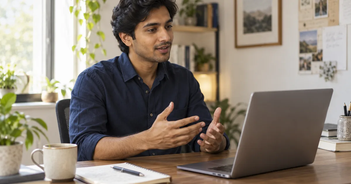 A professional practising a conversation at a laptop in a bright home workspace.
