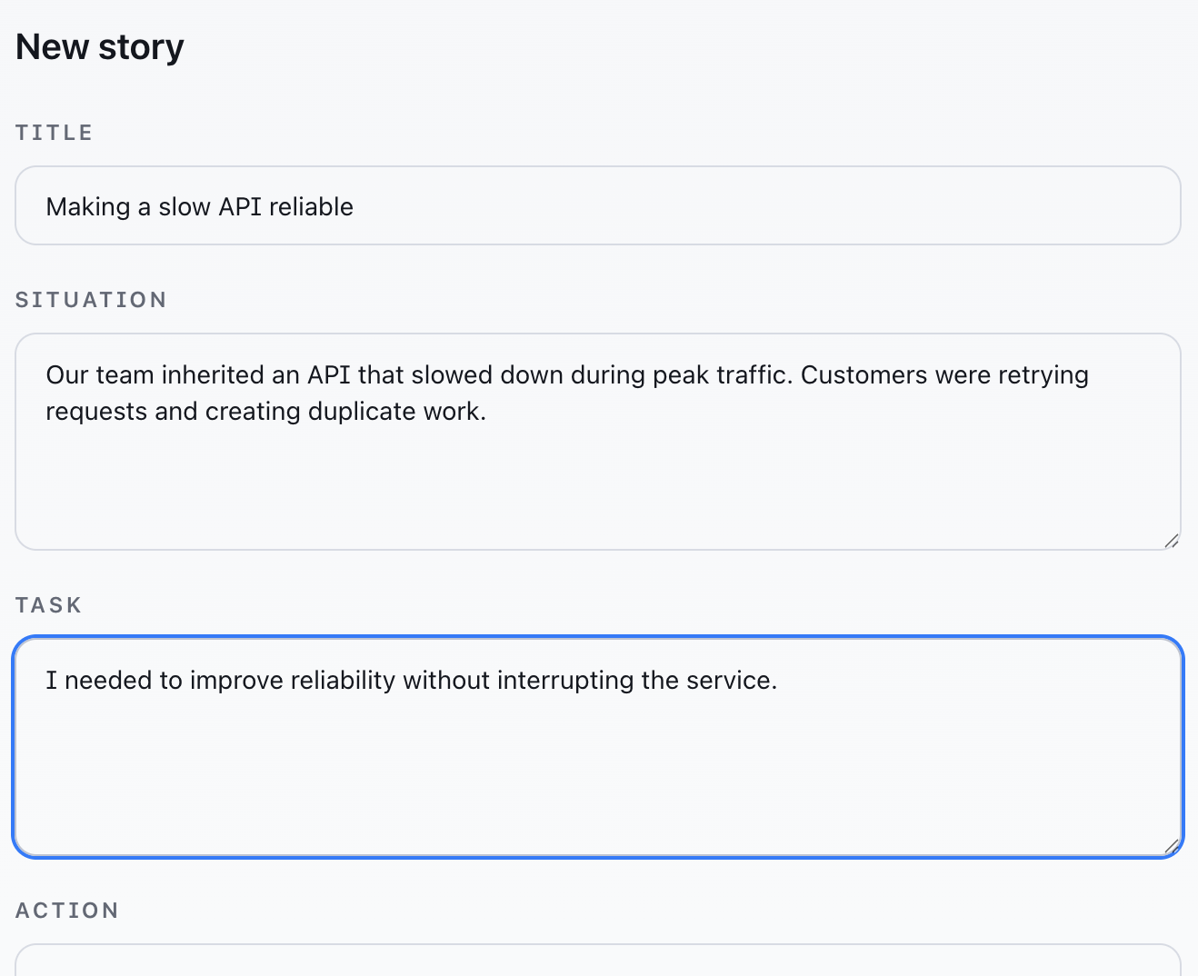 Real Story Bank form containing a fictional example about improving an unreliable API, with situation and task fields.