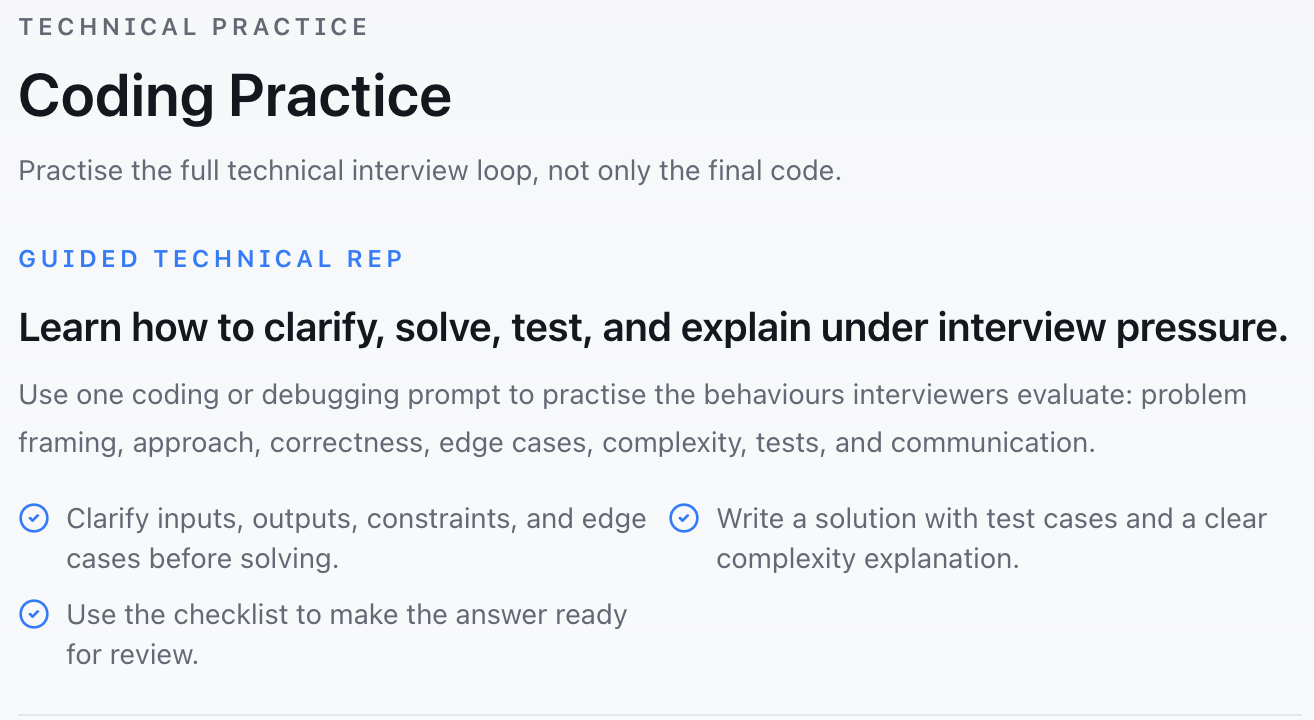 Actual coding-practice guidance: clarify inputs and constraints, explain a solution, cover edge cases and prepare tests.